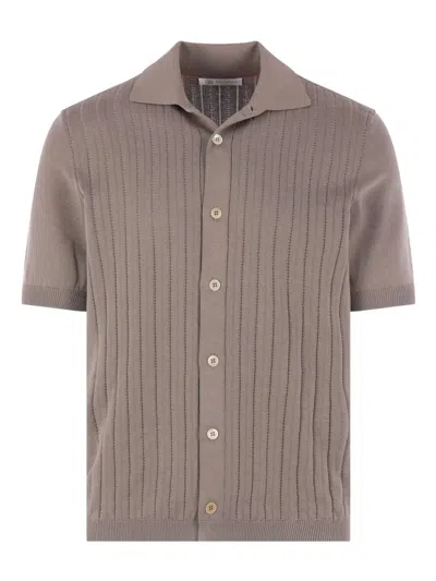 Brunello Cucinelli Short Sleeves Polo Neck Cardigan In Brown