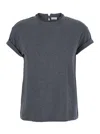 Brunello Cucinelli Grey Crewneck T-shirt With Monil Detail On The Collar And Rear Cut-out In Cotton Stretch Woman