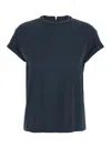 Brunello Cucinelli Blue Crewneck T-shirt With Monil Detail On The Collar And Rear Cut-out In Cotton Stretch Woman In Blue