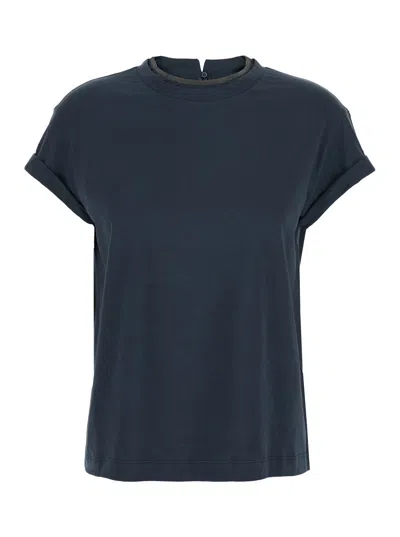 BRUNELLO CUCINELLI BRUNELLO CUCINELLI WOMEN BLUE CREWNECK T-SHIRT WITH MONIL DETAIL ON THE COLLAR AND REAR CUT-OUT IN C