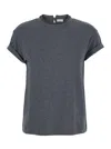 Brunello Cucinelli Grey Crewneck T-shirt With Monil Detail On The Collar And Rear Cut-out In Cotton Stretch Woman