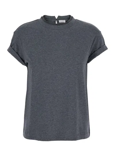 BRUNELLO CUCINELLI GREY CREWNECK T-SHIRT WITH MONIL DETAIL ON THE COLLAR AND REAR CUT-OUT IN COTTON STRETCH WOMAN