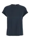 Brunello Cucinelli Blue Crewneck T-shirt With Monil Detail On The Collar And Rear Cut-out In Cotton Stretch Woman In Blue