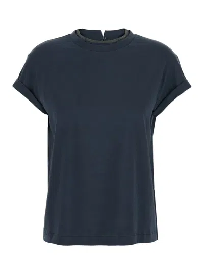BRUNELLO CUCINELLI BLUE CREWNECK T-SHIRT WITH MONIL DETAIL ON THE COLLAR AND REAR CUT-OUT IN COTTON STRETCH WOMAN