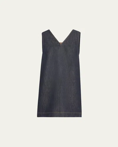 Brunello Cucinelli Short V-neck Denim Tank Dress With Monili Insert In Gray
