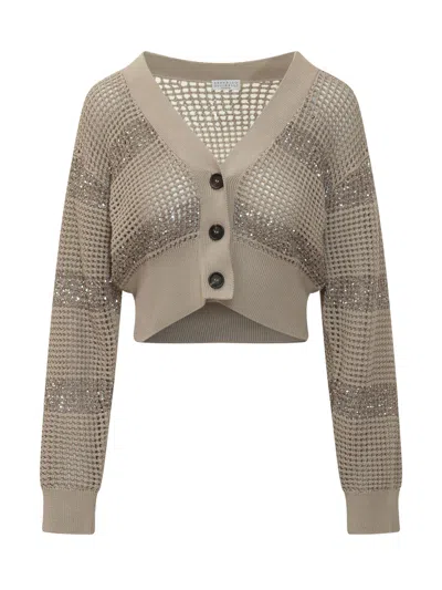Brunello Cucinelli Short V-neck Cardigan With Buttons In Brown