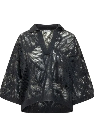 Brunello Cucinelli Short-sleeve Breathable Polo With V-neck In Black