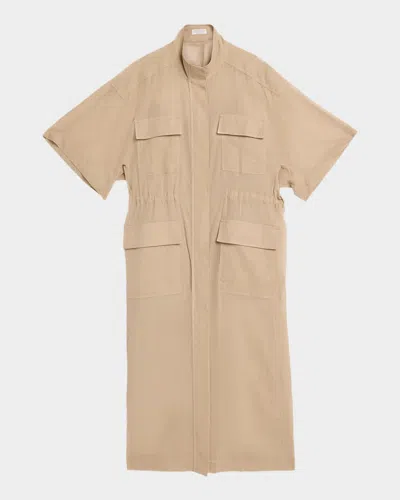 Brunello Cucinelli Short-sleeve Cotton Utility Midi Dress In Neutral