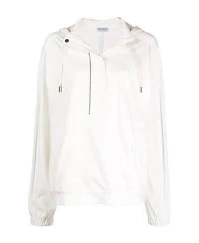 Brunello Cucinelli Short-zip Pullover Hoodie In White
