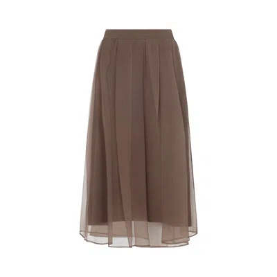 Brunello Cucinelli Voile Layered Midi Skirt In Brown