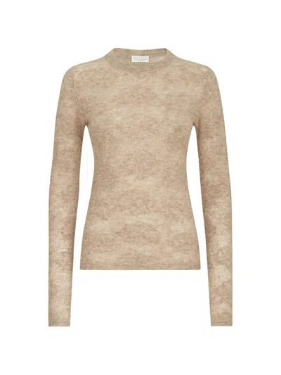 Brunello Cucinelli Flower Lace Knit Silk Alpaca Sweater In Multi