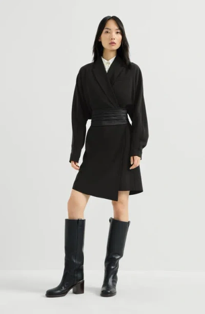 Brunello Cucinelli Silk And Acetate Crêpe Cady Tuxedo Dress With Monili In Black