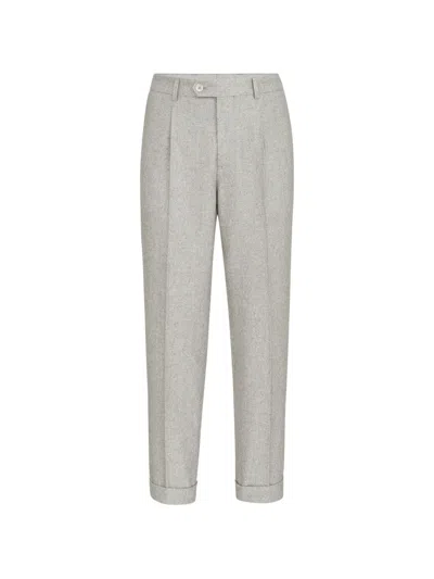 Brunello Cucinelli Silk And Cashmere Cavalry Tweed Trousers With Pleat In White