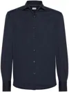 Brunello Cucinelli Men Silk And Cotton Jersey Shirt With Spread Collar In Blue