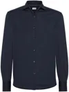 Brunello Cucinelli Men Silk And Cotton Jersey Shirt With Spread Collar In Blue