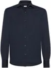Brunello Cucinelli Men Silk And Cotton Jersey Shirt With Spread Collar In Blue
