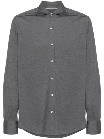 Brunello Cucinelli Silk And Cotton Lightweight Jersey Shirt With Spead Collar Clothing In Gray