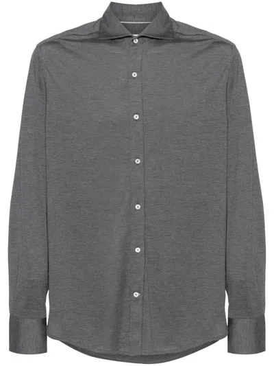BRUNELLO CUCINELLI SILK AND COTTON LIGHTWEIGHT JERSEY SHIRT WITH SPEAD COLLAR