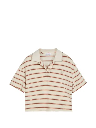 Brunello Cucinelli Kids' Silk And Cotton Reverse Jersey Polo Shirt With Sparkling Stripes And Logo In Neutral