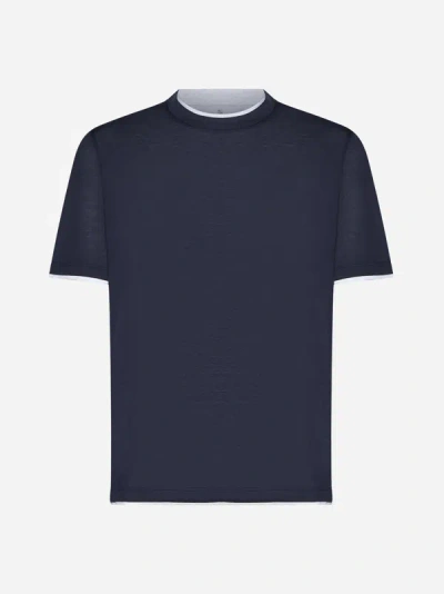 Brunello Cucinelli Silk And Cotton-blend T-shirt In Blue Navy