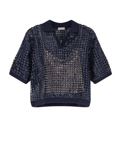 Brunello Cucinelli Silk And Linen Sweater With Sequins In Blue