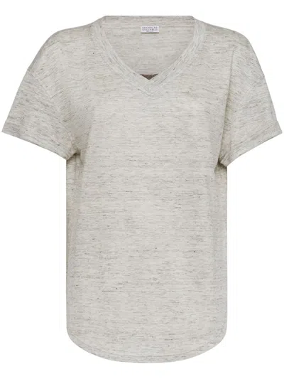 Brunello Cucinelli Women's Linen And Silk Jersey T-shirt With Precious Insert In Pearl Grey