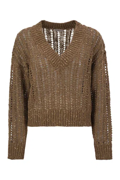 Brunello Cucinelli Silk And Linen V-neck Sweater In Brown