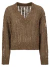 Brunello Cucinelli Brown Sweater With V-neck And Open Stitch In Linen And Silk Blend Woman In Brown