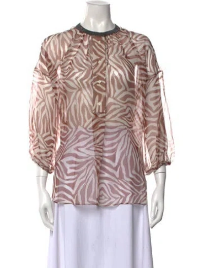 Pre-owned Brunello Cucinelli Silk Animal Print Blouse W/ Tags In Red