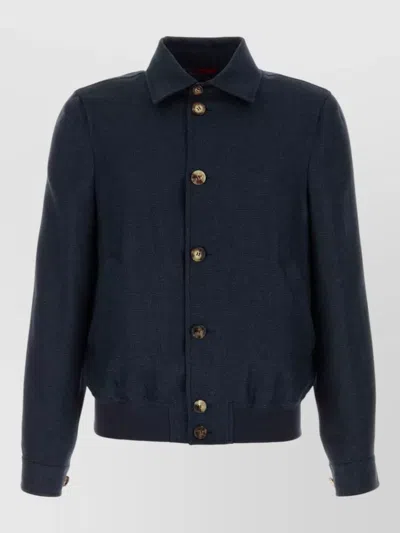 Brunello Cucinelli Silk Blend Bomber Jacket Point Collar Ribbed In Blue