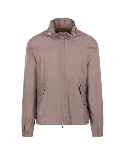 Brunello Cucinelli Silk Blend Hooded Jacket Drawstring Hem In Brown