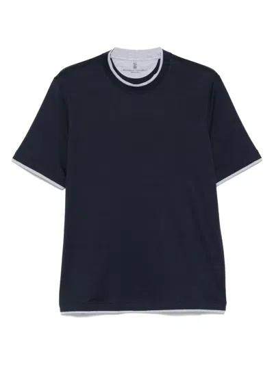 Brunello Cucinelli Men Crew-neck T-shirt With Faux-layering In Blue