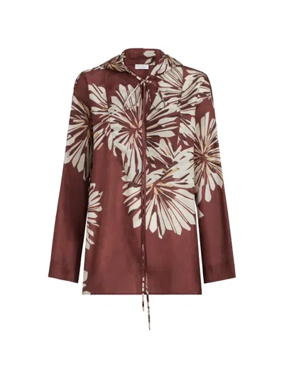 Brunello Cucinelli Silk Bloom Print Pongee Shirt With Hood In Brown