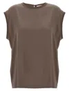 Brunello Cucinelli Silk Crewneck Blouse With Back Button Closure In Brown