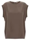 Brunello Cucinelli Silk Crewneck Blouse With Back Button Closure In Brown