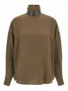 Brunello Cucinelli Silk Blouse With High Collar And Keyhole Back In Brown