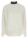 Brunello Cucinelli Silk Blouse With High Collar And Keyhole Back In Neutral