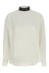 Brunello Cucinelli Silk Blouse With High Collar And Keyhole Back In Sand