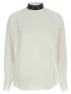 Brunello Cucinelli Silk Blouse With High Collar And Keyhole Back In White