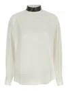 Brunello Cucinelli Silk Blouse With High Collar And Keyhole Back In White