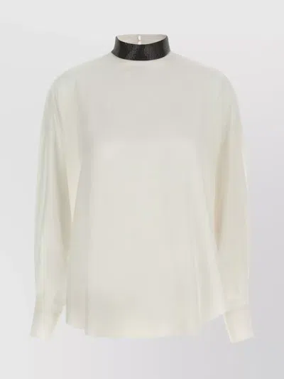 Brunello Cucinelli Silk Blouse With High Collar And Keyhole Back In White