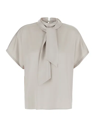 Brunello Cucinelli Silk Bow-collar Blouse With Beaded Monile-inspired Embellishment In White