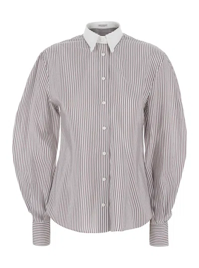 Brunello Cucinelli Silk Brownless Striped Shirt With Balloon Sleeves And Button Cuffs In Gray