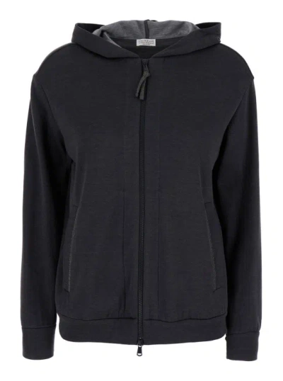 Brunello Cucinelli Silk Cotton Hooded Sweatshirt In Grey