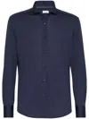 Brunello Cucinelli Men Silk And Cotton Jersey Shirt With Spread Collar In 蓝色
