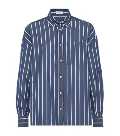 Brunello Cucinelli Silk-cotton Stripe Shirt In Blue