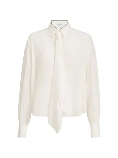 Brunello Cucinelli Silk Crêpe De Chine Shirt With Tie And Shiny Collar In Neutral