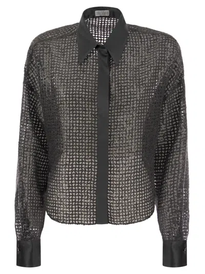 Brunello Cucinelli Silk Dazzling Net Embroidery Shirt In Dark Grey