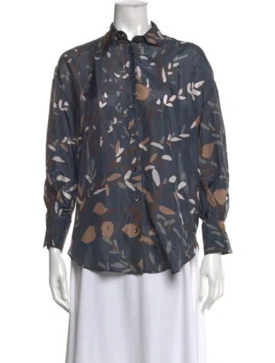 Pre-owned Brunello Cucinelli Silk Floral Print Blouse In Blue