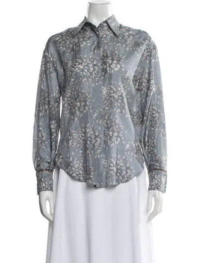 Pre-owned Brunello Cucinelli Silk Floral Print Blouse In Blue